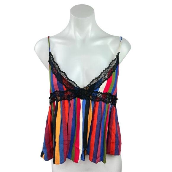 Zara Multicolor Rainbow Stripe Lace V-neck Spaghetti Strap Crop Cami Tank Top S - Picture 2 of 5